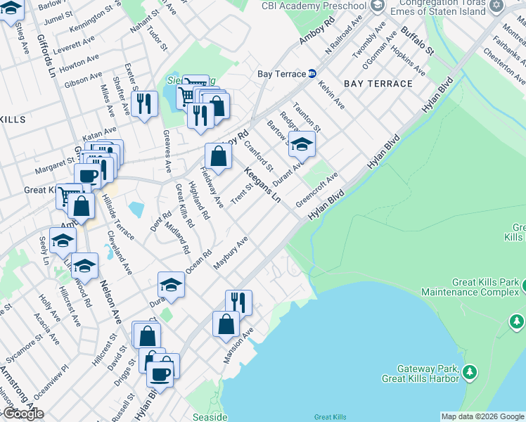 map of restaurants, bars, coffee shops, grocery stores, and more near 217 Maybury Avenue in Staten Island