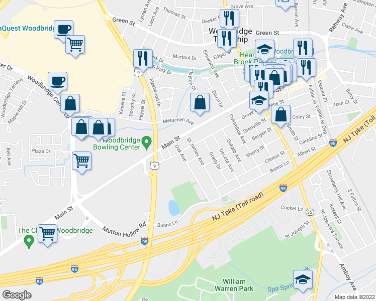 map of restaurants, bars, coffee shops, grocery stores, and more near 327 Saint James Avenue in Woodbridge Township
