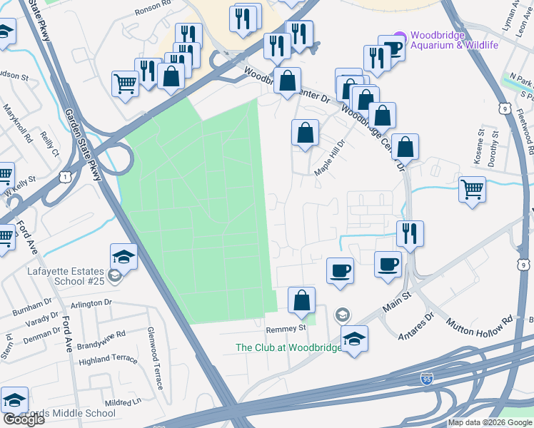 map of restaurants, bars, coffee shops, grocery stores, and more near 50 Highview Drive in Woodbridge Township