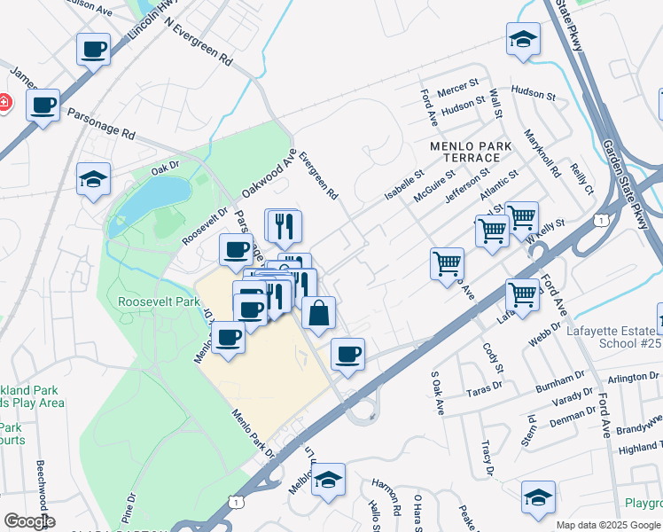 map of restaurants, bars, coffee shops, grocery stores, and more near 197 Evergreen Road in Edison