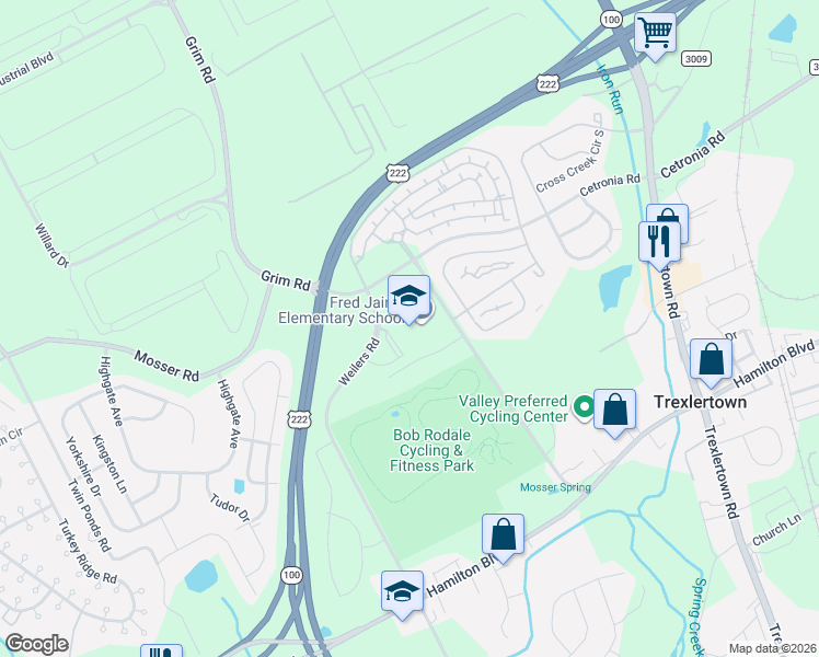 map of restaurants, bars, coffee shops, grocery stores, and more near 1050 Mosser Road in Breinigsville