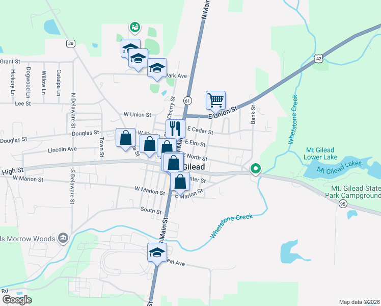 map of restaurants, bars, coffee shops, grocery stores, and more near in Mount Gilead