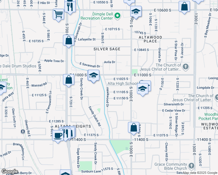map of restaurants, bars, coffee shops, grocery stores, and more near 11077 Hawkwood Drive in Sandy