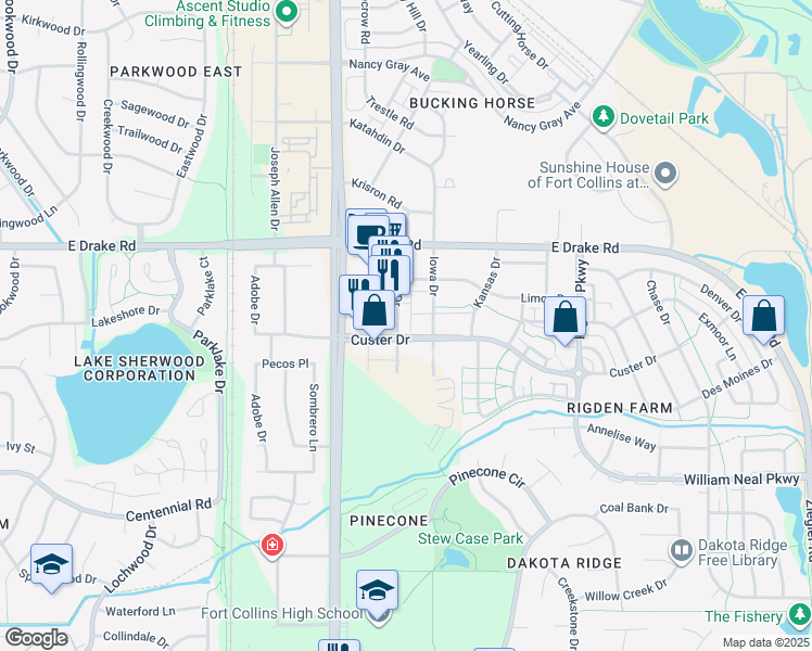 map of restaurants, bars, coffee shops, grocery stores, and more near 2815 Iowa Drive in Fort Collins