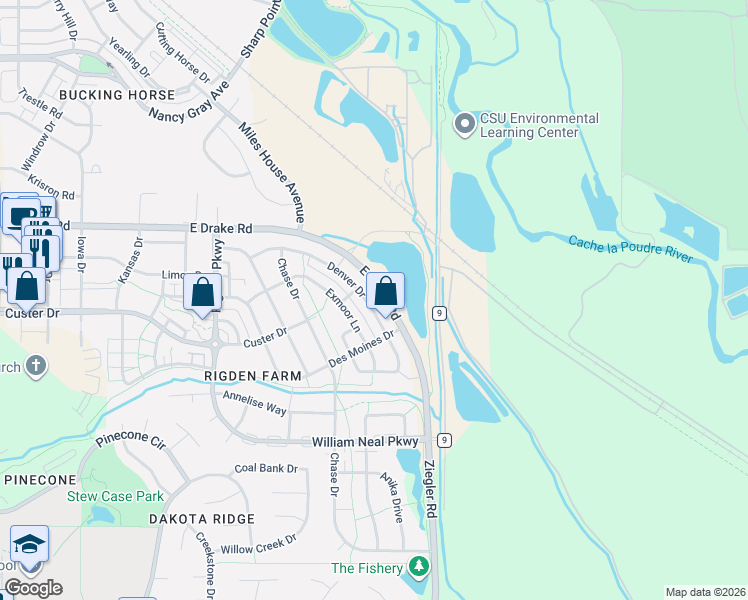 map of restaurants, bars, coffee shops, grocery stores, and more near 3008 Denver Drive in Fort Collins