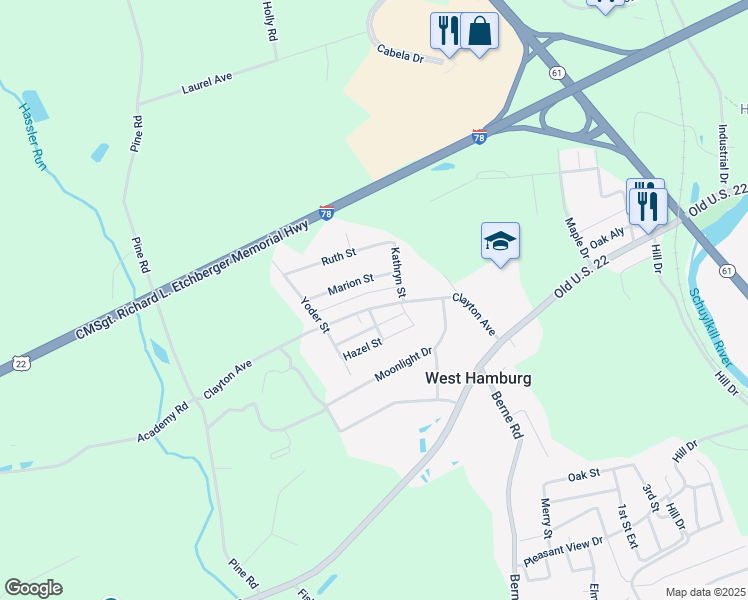 map of restaurants, bars, coffee shops, grocery stores, and more near 107 Clayton Avenue in Hamburg