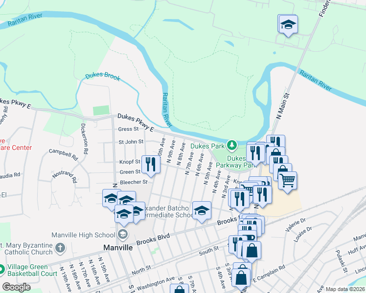 map of restaurants, bars, coffee shops, grocery stores, and more near 319 North 8th Avenue in Manville