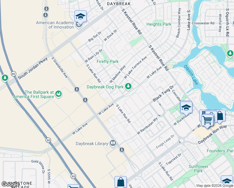 map of restaurants, bars, coffee shops, grocery stores, and more near 5184 West Lake Avenue in South Jordan