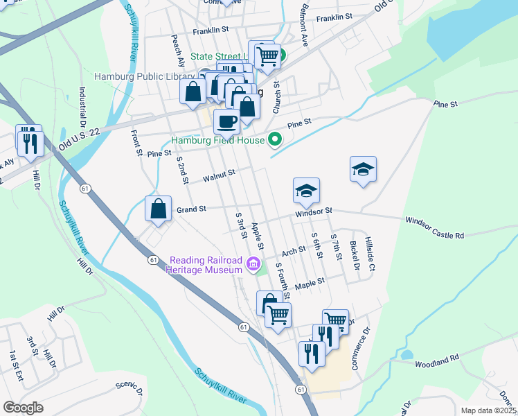 map of restaurants, bars, coffee shops, grocery stores, and more near 302 South Fourth Street in Hamburg