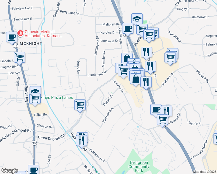 map of restaurants, bars, coffee shops, grocery stores, and more near 5908 Babcock Boulevard in Pittsburgh
