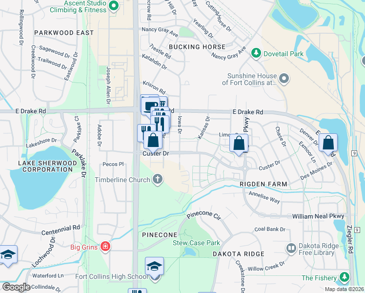 map of restaurants, bars, coffee shops, grocery stores, and more near 2758 Iowa Drive in Fort Collins