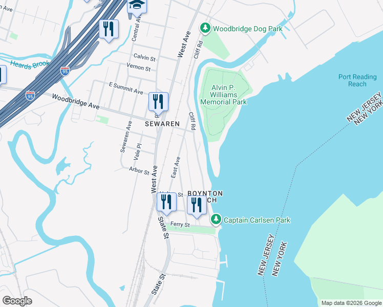 map of restaurants, bars, coffee shops, grocery stores, and more near 454 Cliff Road in Woodbridge Township