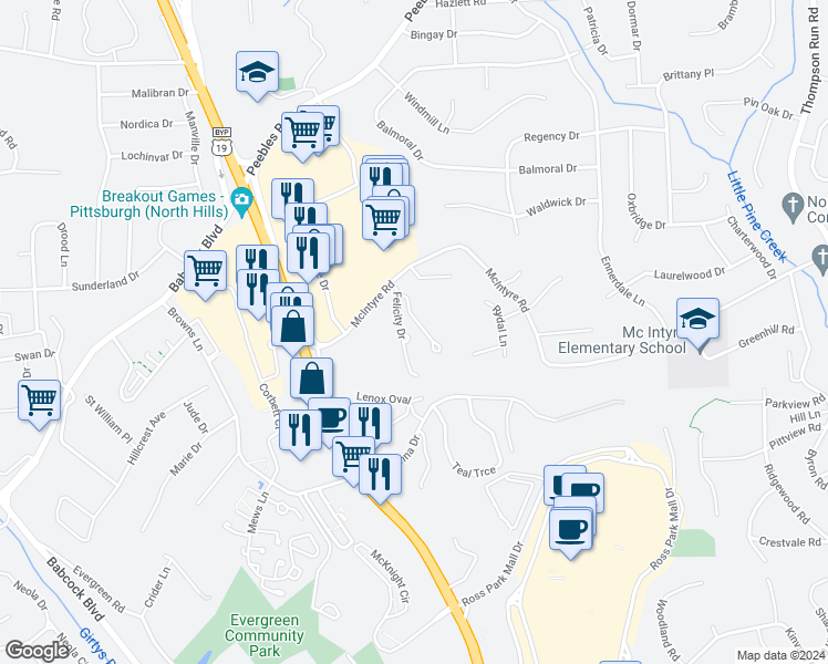 map of restaurants, bars, coffee shops, grocery stores, and more near 100 Felicity Drive in Pittsburgh