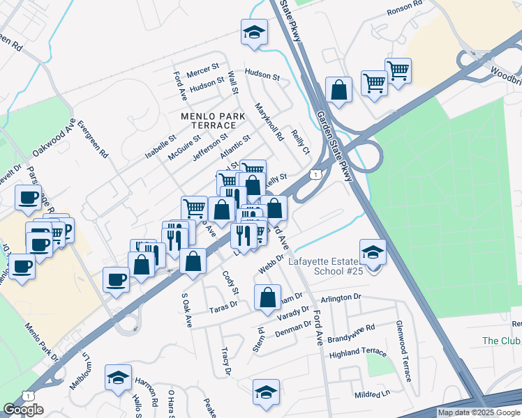 map of restaurants, bars, coffee shops, grocery stores, and more near 1850 U.S. 1 in Woodbridge Township