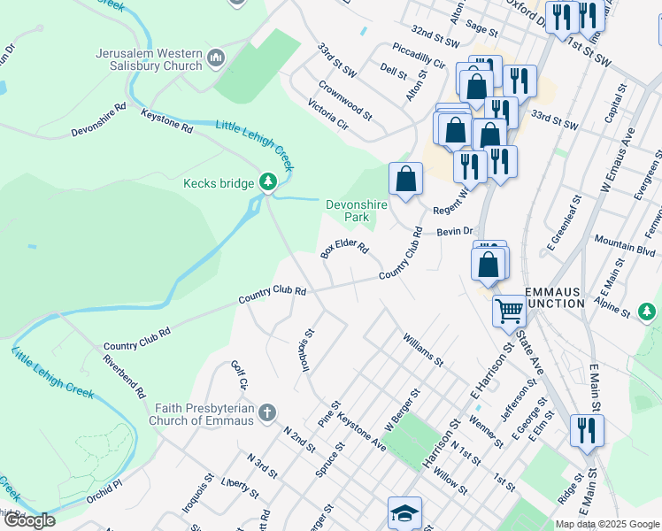 map of restaurants, bars, coffee shops, grocery stores, and more near 1806 Box Elder Road in Allentown