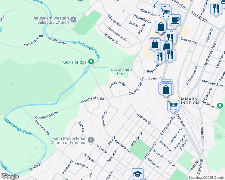 map of restaurants, bars, coffee shops, grocery stores, and more near 1806 Box Elder Road in Allentown