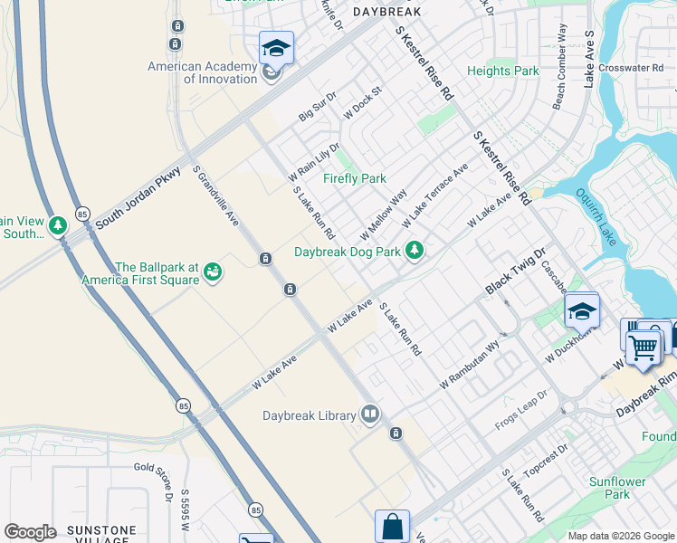 map of restaurants, bars, coffee shops, grocery stores, and more near Silver Mine Road in South Jordan