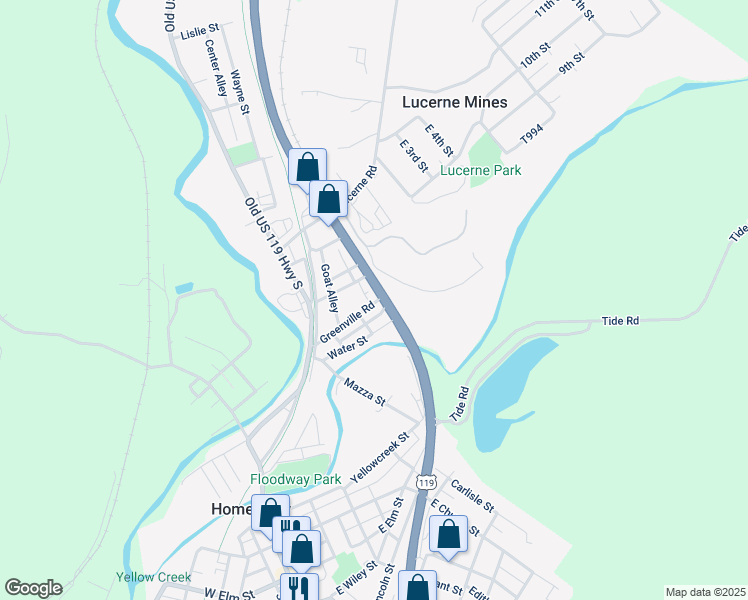 map of restaurants, bars, coffee shops, grocery stores, and more near 18 Greenville Road in Homer City