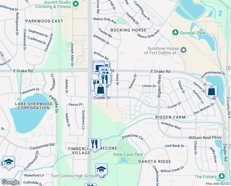 map of restaurants, bars, coffee shops, grocery stores, and more near 2751 Iowa Drive in Fort Collins