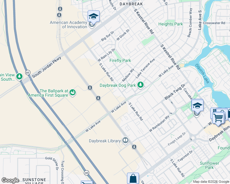 map of restaurants, bars, coffee shops, grocery stores, and more near Silver Mine Road in South Jordan