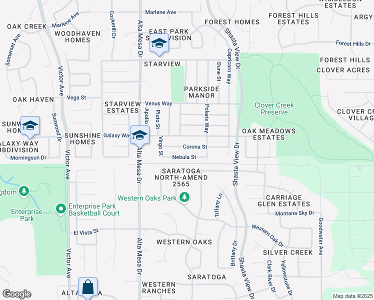 map of restaurants, bars, coffee shops, grocery stores, and more near 2351 Nebula Street in Redding