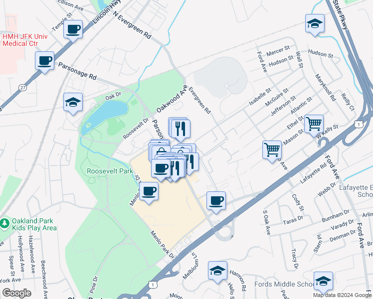 map of restaurants, bars, coffee shops, grocery stores, and more near 199 Evergreen Road in Edison
