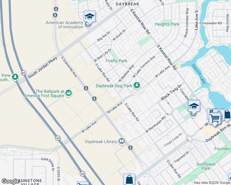 map of restaurants, bars, coffee shops, grocery stores, and more near Silver Mine Road in South Jordan