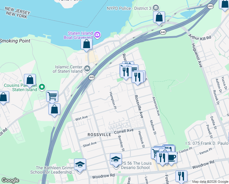 map of restaurants, bars, coffee shops, grocery stores, and more near 52 Cypress Loop in Staten Island