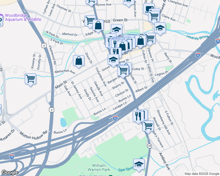 map of restaurants, bars, coffee shops, grocery stores, and more near 191 Sherry Street in Woodbridge Township