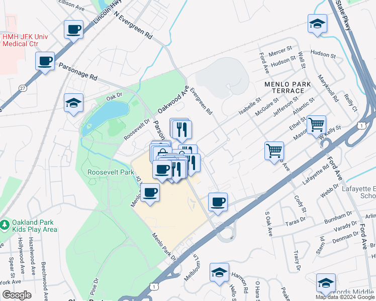 map of restaurants, bars, coffee shops, grocery stores, and more near 63-75 Parsonage Road in Edison