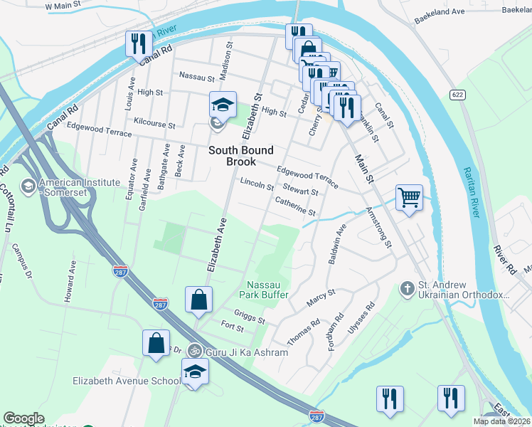 map of restaurants, bars, coffee shops, grocery stores, and more near 81 Remsen Street in South Bound Brook