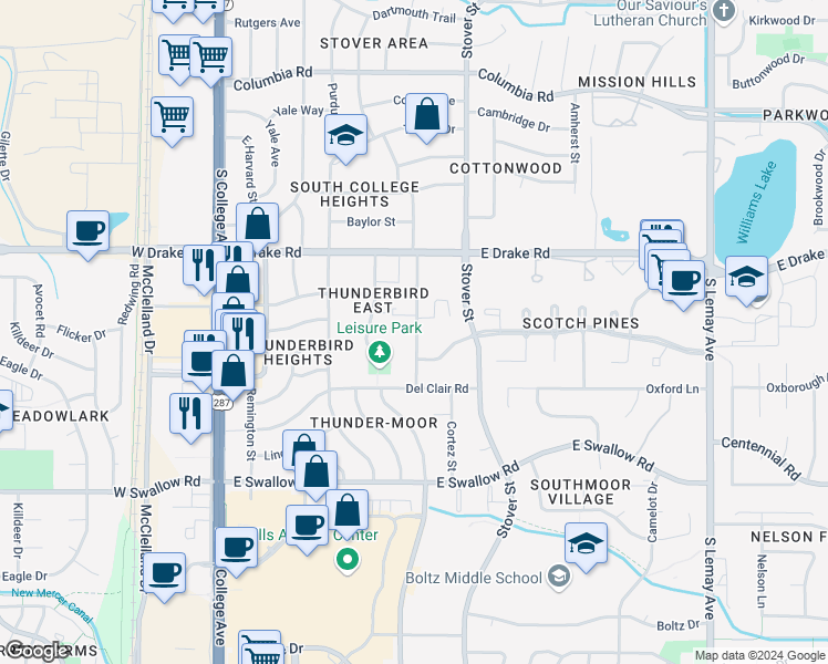 map of restaurants, bars, coffee shops, grocery stores, and more near 2707 Stanford Road in Fort Collins