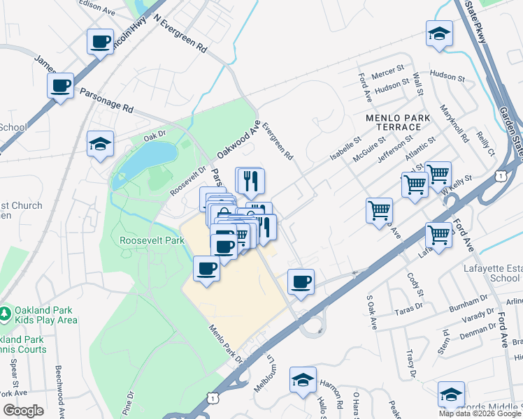 map of restaurants, bars, coffee shops, grocery stores, and more near 63-75 Parsonage Road in Edison