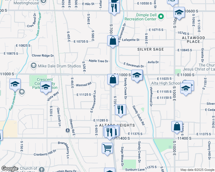 map of restaurants, bars, coffee shops, grocery stores, and more near 11075 South Grape Arbor Place in Sandy