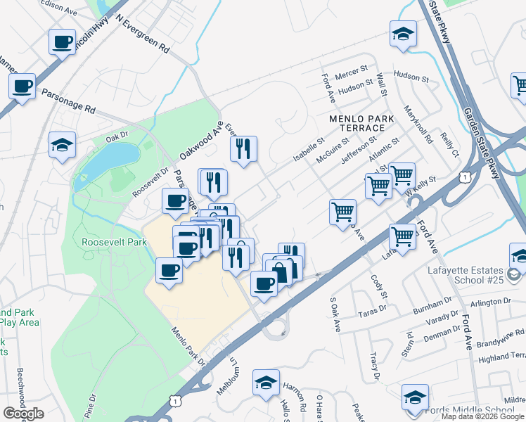 map of restaurants, bars, coffee shops, grocery stores, and more near 32 Judson Street in Edison
