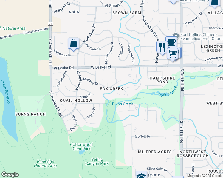 map of restaurants, bars, coffee shops, grocery stores, and more near 2533 Tucker Court in Fort Collins