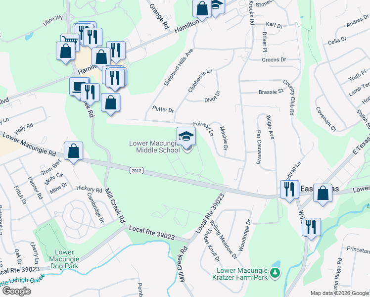 map of restaurants, bars, coffee shops, grocery stores, and more near 6299 Lower Macungie Road in Macungie