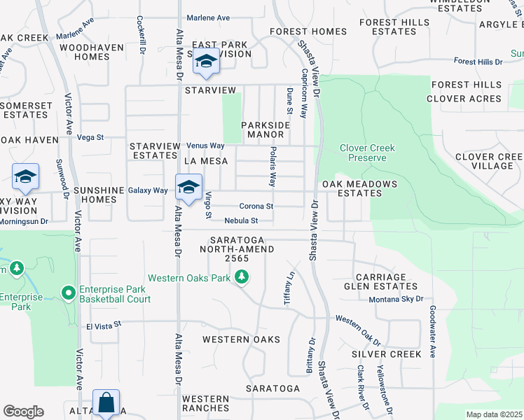 map of restaurants, bars, coffee shops, grocery stores, and more near 2461 Corona Street in Redding