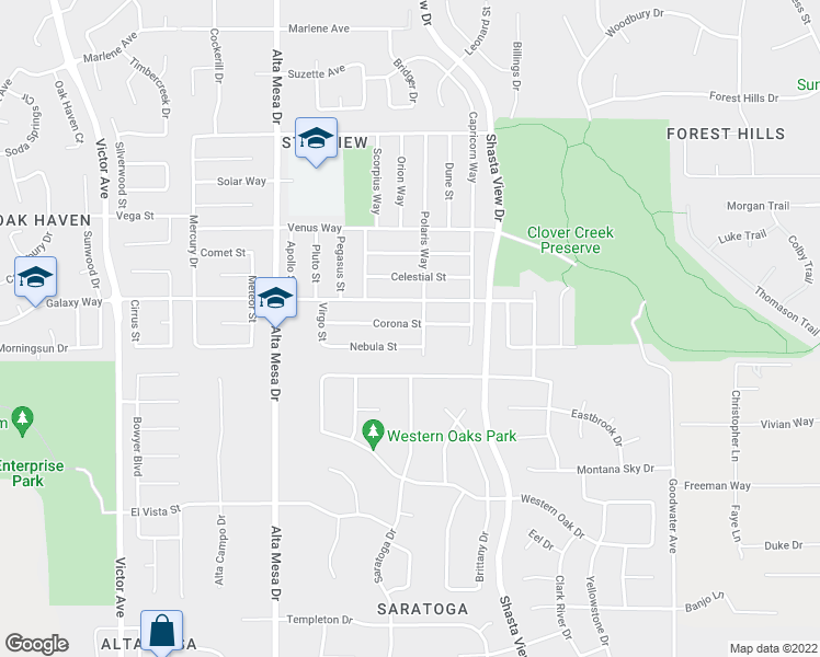 map of restaurants, bars, coffee shops, grocery stores, and more near 2477 Corona Street in Redding