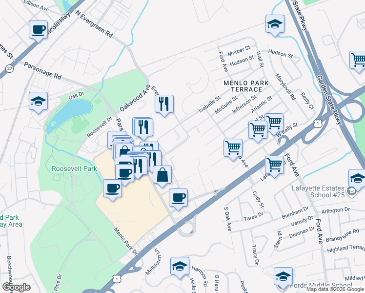 map of restaurants, bars, coffee shops, grocery stores, and more near 161 Evergreen Road in Edison