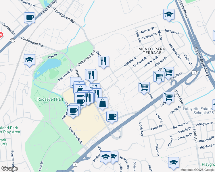 map of restaurants, bars, coffee shops, grocery stores, and more near 161 Evergreen Road in Edison