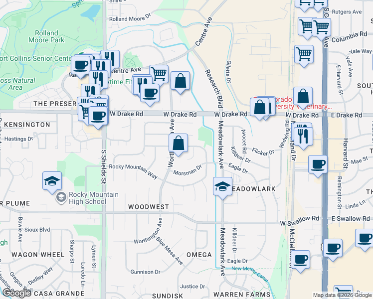 map of restaurants, bars, coffee shops, grocery stores, and more near 707 Winchester Drive in Fort Collins