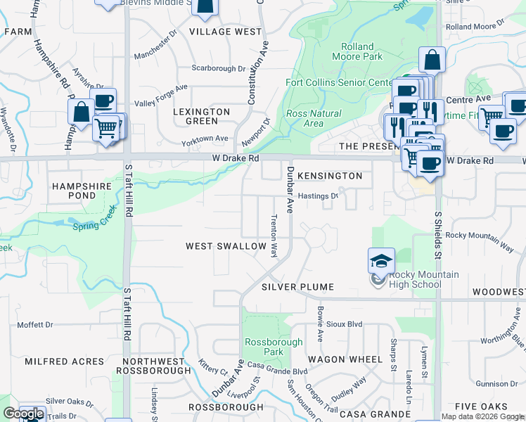 map of restaurants, bars, coffee shops, grocery stores, and more near 1624 Hastings Drive in Fort Collins