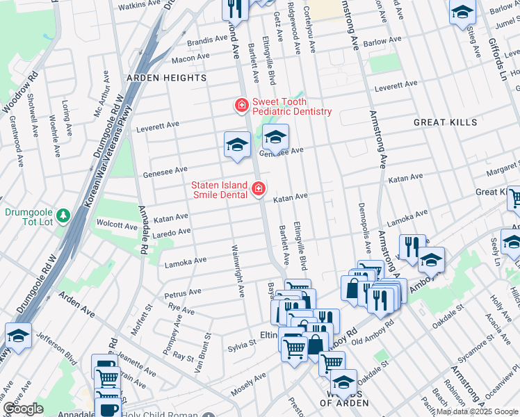 map of restaurants, bars, coffee shops, grocery stores, and more near 3573 Richmond Avenue in Staten Island