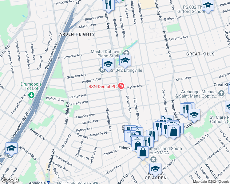 map of restaurants, bars, coffee shops, grocery stores, and more near 3573 Richmond Avenue in Staten Island