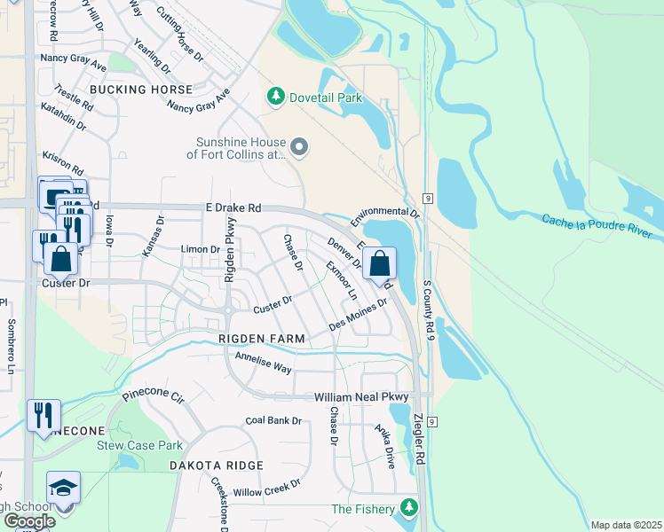 map of restaurants, bars, coffee shops, grocery stores, and more near 2730 Exmoor Lane in Fort Collins