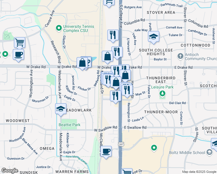 map of restaurants, bars, coffee shops, grocery stores, and more near 298 West Thunderbird Drive in Fort Collins