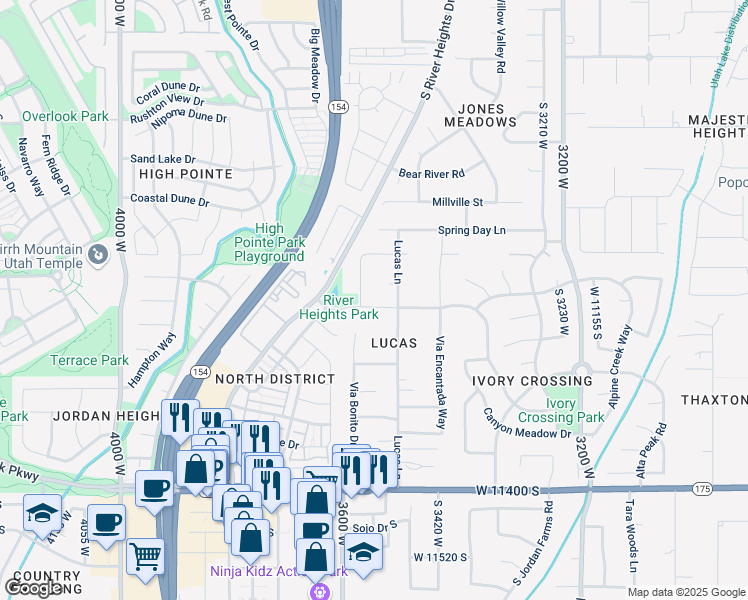map of restaurants, bars, coffee shops, grocery stores, and more near 3554 Vista Pradera Way in South Jordan
