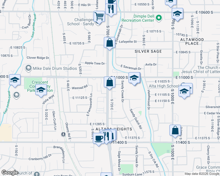 map of restaurants, bars, coffee shops, grocery stores, and more near 11062 Sandy Dunes Drive in Sandy