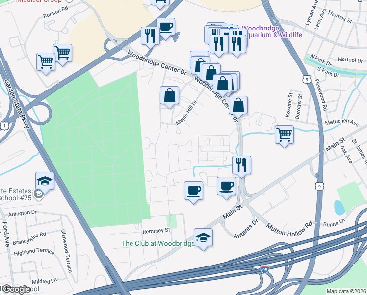 map of restaurants, bars, coffee shops, grocery stores, and more near 60 Wick Drive in Woodbridge Township
